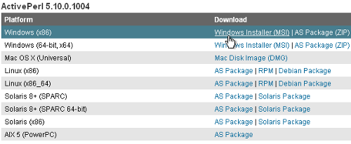 Downloading ActivePerl 5.10 for Windows (x86).