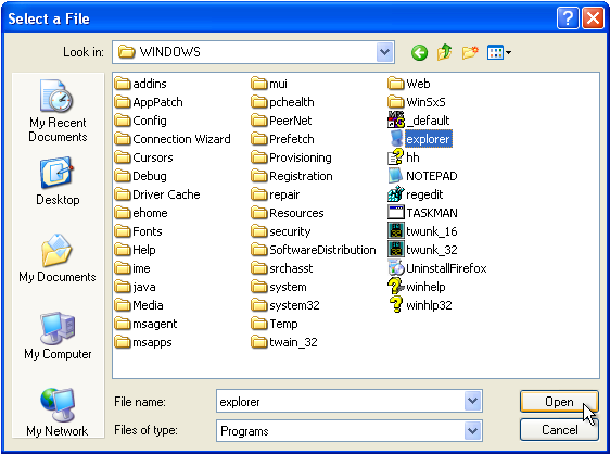 Select the explorer program in the Windows folder.