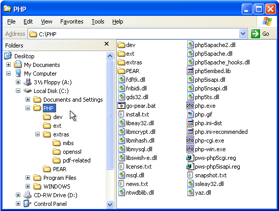 Contents of the C:\PHP folder.