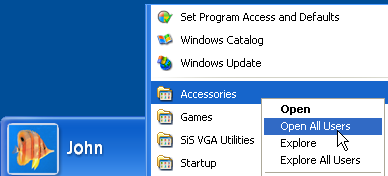 Opening the Accessories folder of All Users