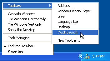 Turning on the Quick Launch toolbar